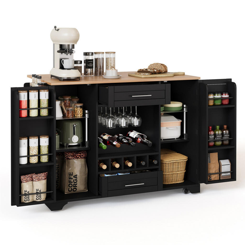 Redom KUCHYŇSKÝ ostrůvek 138/45(70)/92 cm s výklopnou pracovní deskou, úložným prostorem, vinotékou a kolečky, Černá a přírodní
