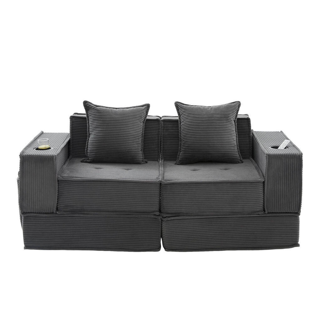 OKWISH PUFOVÉ sofa 162/78/66 cm tmavě šedá z manšestru s bočními kapsami a dvěma polštáři