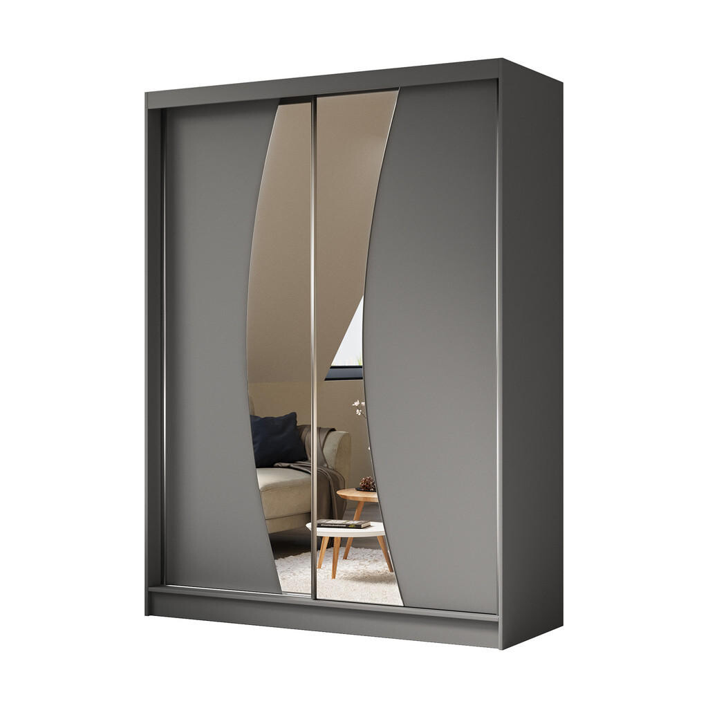 ALTDECOR ŠATNÍ SKŘÍŇ se zrcadlovými posuvnými dveřmi a hliníkovými lamelami, LED osvětlení (- VOXI - 160 cm šedá