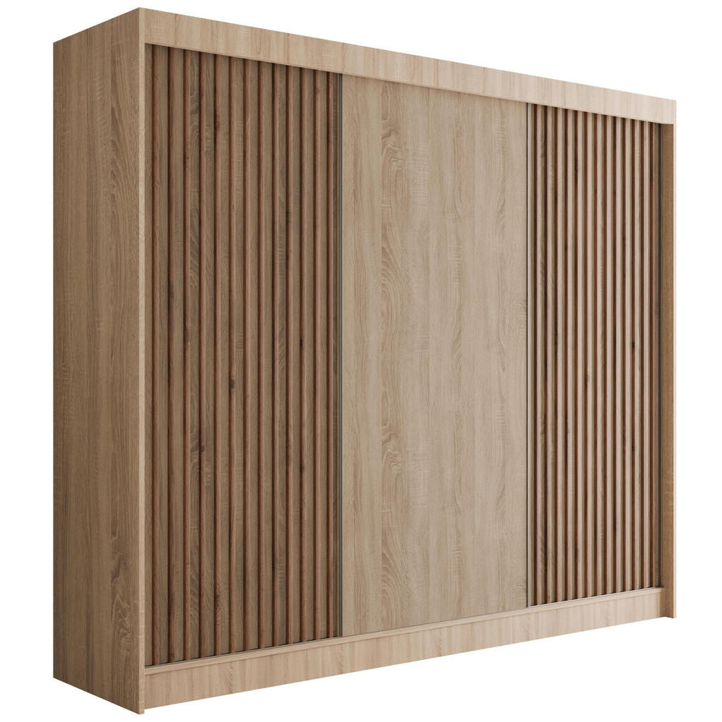 ALTDECOR ŠATNÍ SKŘÍŇ s lamelovými posuvnými dveřmi VILANv2 – 250 cm Sonoma dub + Sonoma dub + lamely z dubu wotan