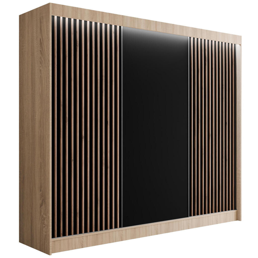 ALTDECOR ŠATNÍ SKŘÍŇ s LED osvětlením, lamelovými posuvnými dveřmi VILANv2 – 250 cm Sonoma dub + lamely z dubu wotan