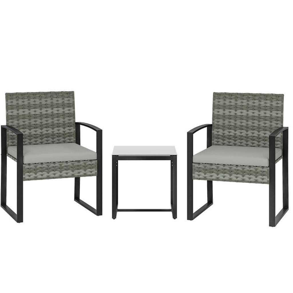 OKWISH BALKONOVÝ set 55/58/76 cm světle šedý z oceli s umělým ratanem a odnímatelnými polštáři