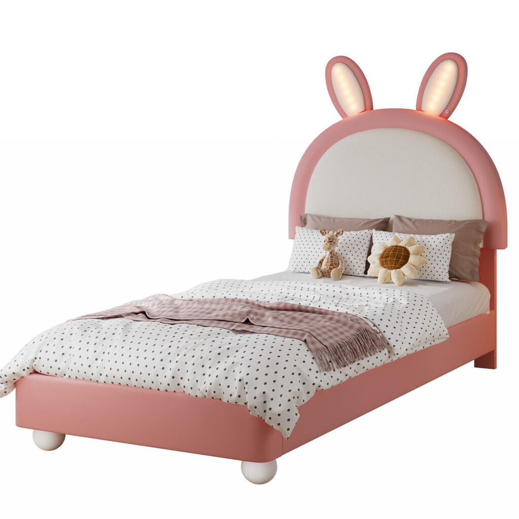 OKWISH ČALOUNĚNÁ postel 90/200 cm růžová z PU s LED osvětlením a čelem ve tvaru králíka