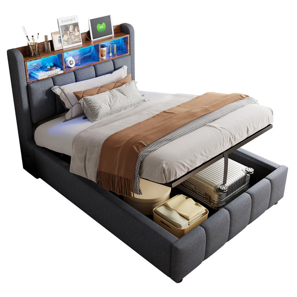 WISHDOR ČALOUNĚNÁ POSTEL 90x200 cm šedá s lněným vzhledem, úložným prostorem, LED osvětlením a USB portem