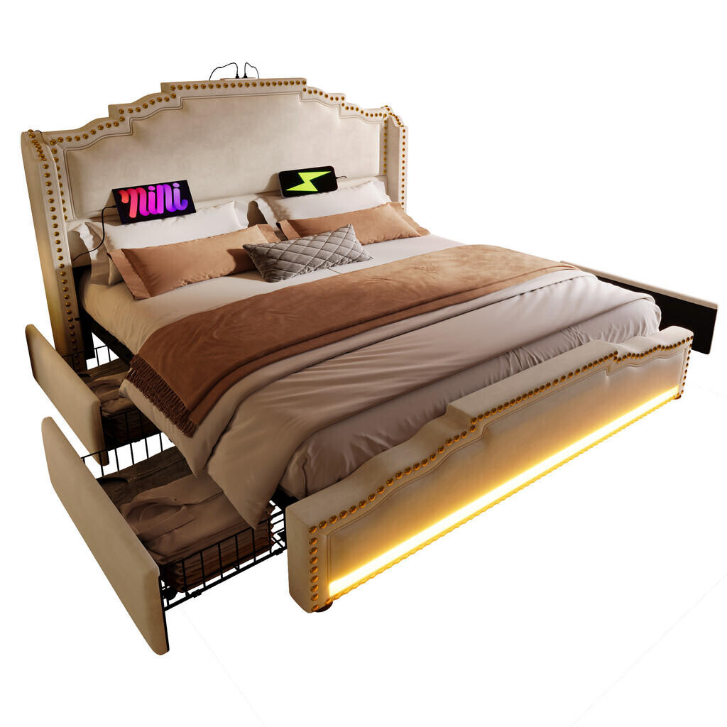 WISHDOR ČALOUNĚNÁ POSTEL 140 × 200 cm v béžovém sametu se 4 zásuvkami, LED osvětlením a USB