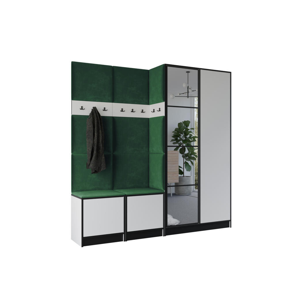 Kier Furniture ŠATNÍ SKŘÍŇ do předsíně EDEN 21 se zrcadlem - Bílá & zelená látka
