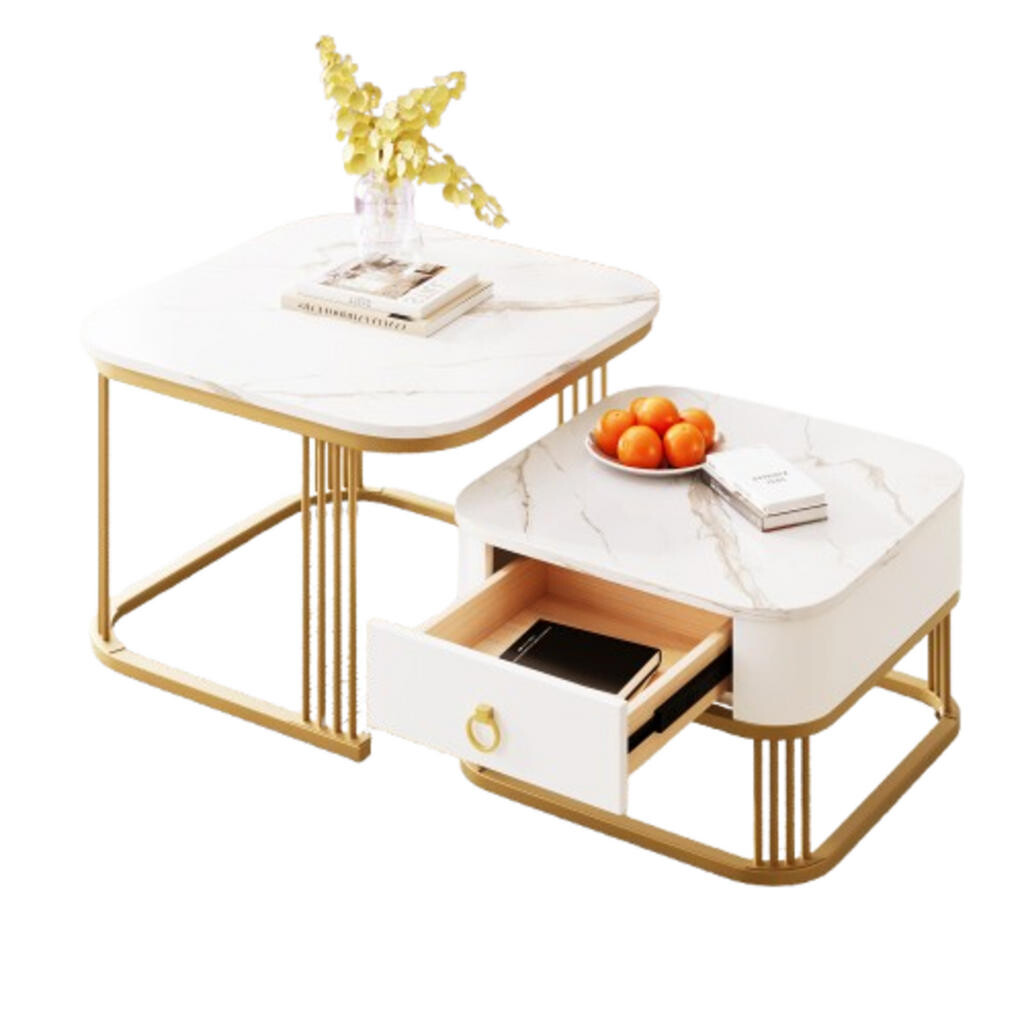 OKWISH KONFERENČNÍ stolek 60/60/45 cm bílý a zlatý z MDF s mramorovým dekorem a zásuvkou