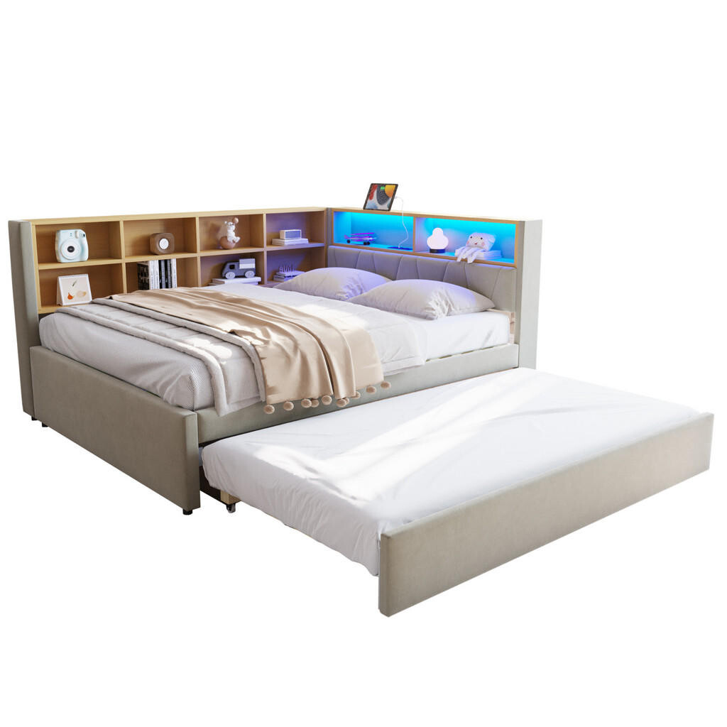 Redom POSTEL 140/200 cm s výsuvným lůžkem 90/190 cm, LED osvětlením, USB-C a úložným prostorem, Světle šedá