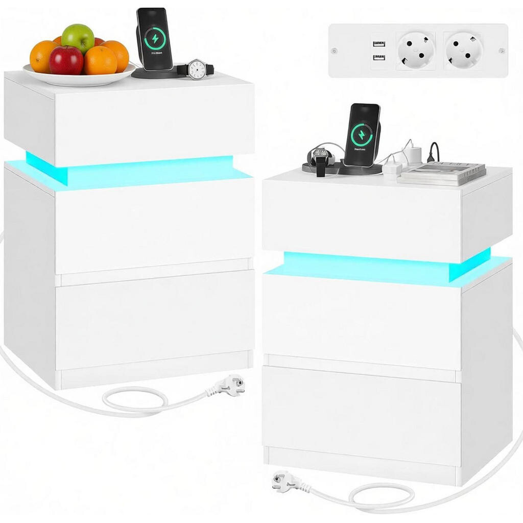 OKWISH NOČNÍ stolek 35/40/55 cm bílý z dřeva s LED osvětlením a nabíjecí stanicí, sada 2 ks