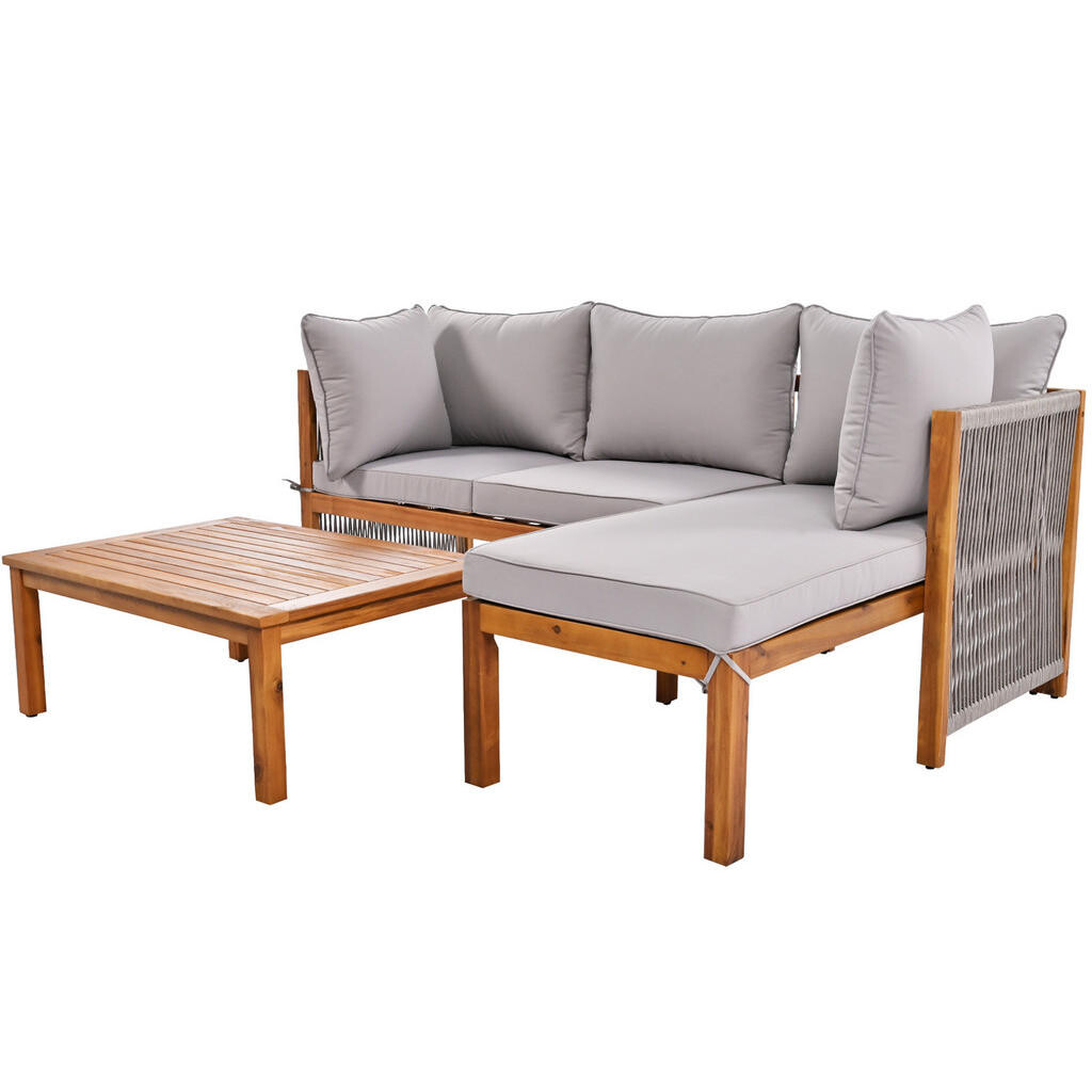 OKWISH ZAHRADNÍ sedací souprava 117/58/80 cm šedá z akáciového dřeva s pletenými područkami a stolkem
