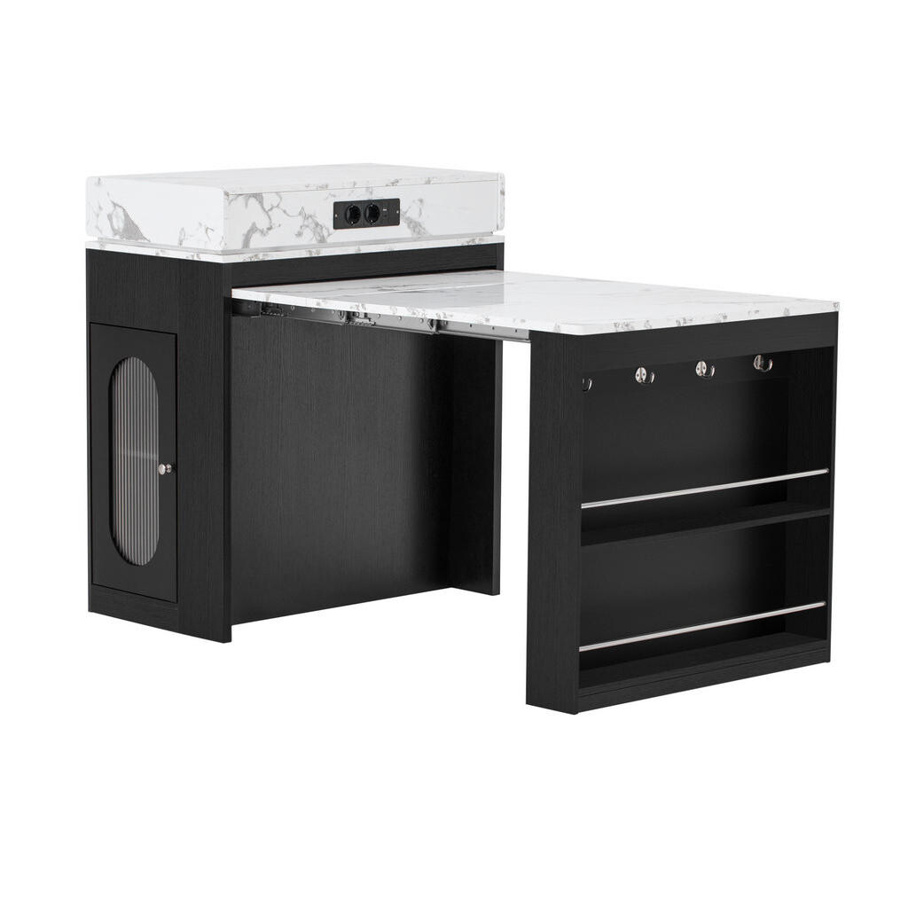 OKWISH KUCHYŇSKÝ ostrůvek 83/46-146,5/96 cm černý z MDF a skla s výsuvnou deskou a zásuvkami
