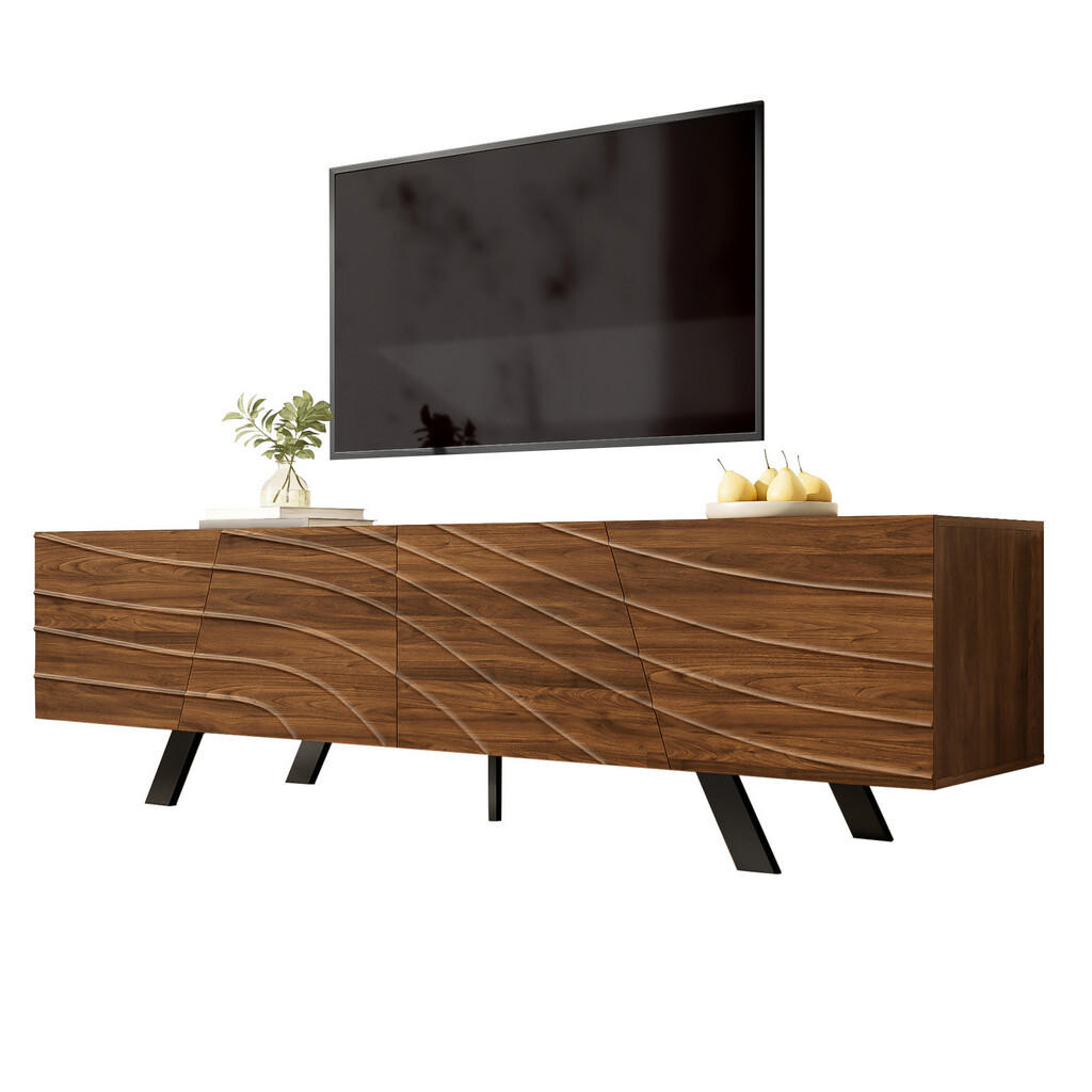 Redom TV stolek 160/39/50,5 cm s vlnitou čelní plochou a kabelovým vedením, MDF, Ořech