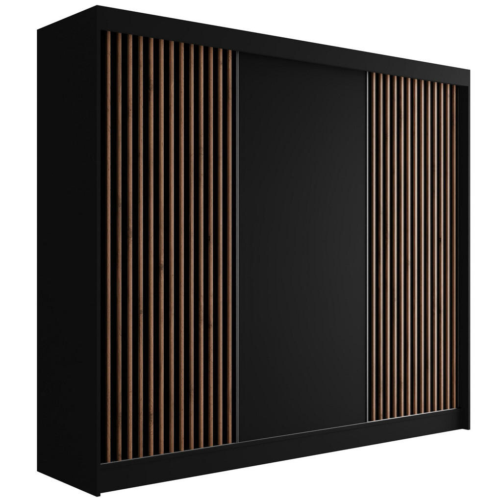 ALTDECOR ŠATNÍ SKŘÍŇ s lamelovými posuvnými dveřmi VILANv2 – 250 cm černá + lamely dub wotan