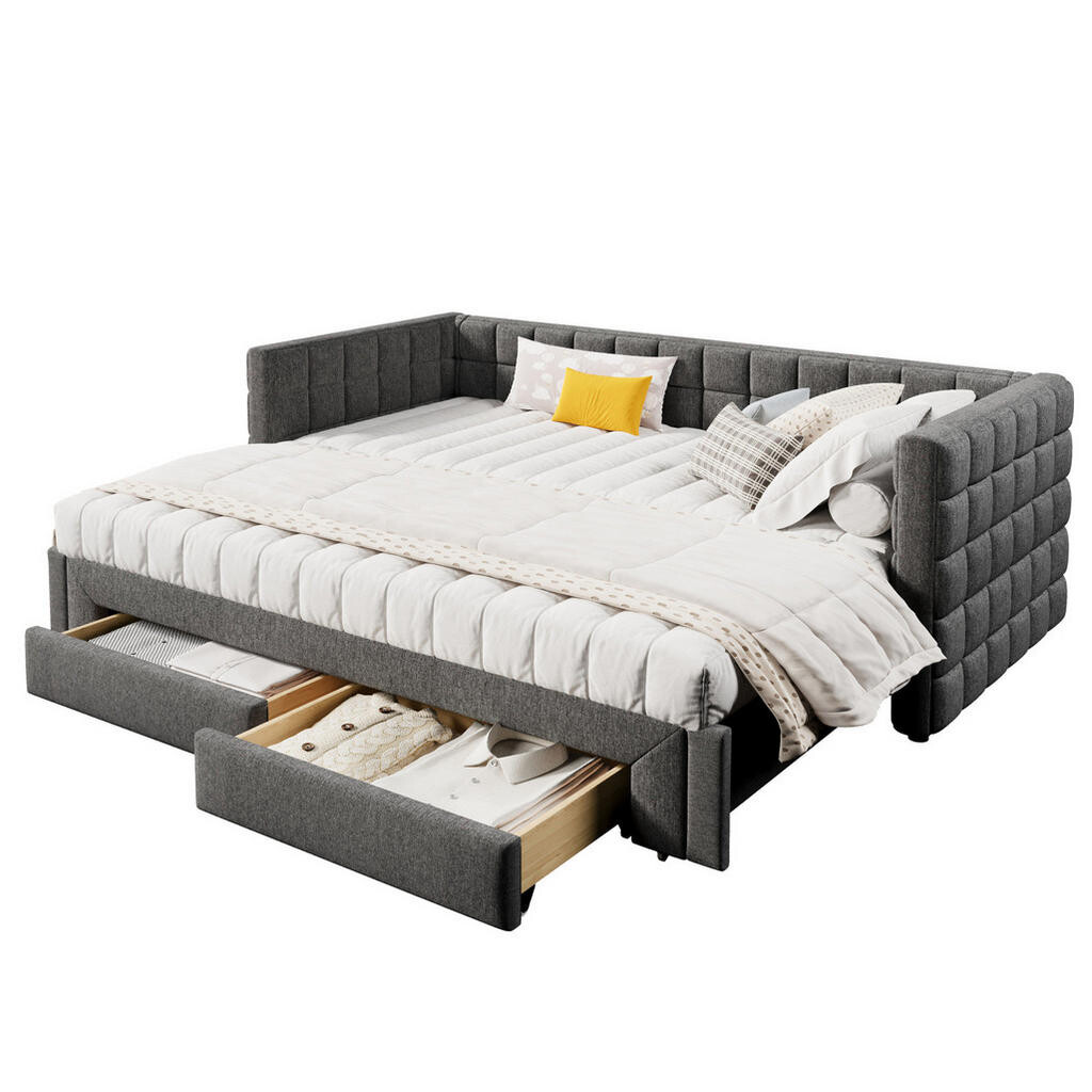 OKWISH DENNÍ postel 90/200 cm šedá ze sametu s výsuvným lůžkem a 2 zásuvkami