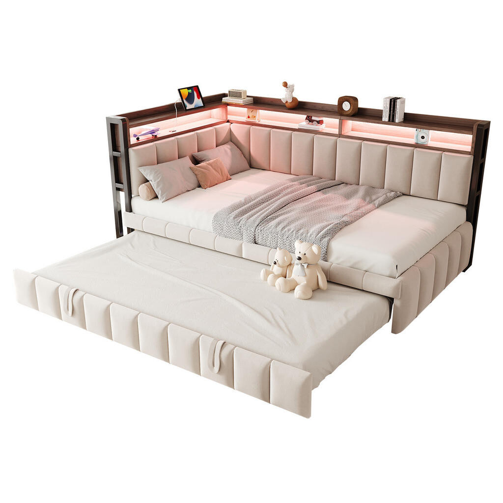 OKWISH ROZKLÁDACÍ pohovka 90/200 cm béžová z sametu s LED osvětlením a USB/Typ-C