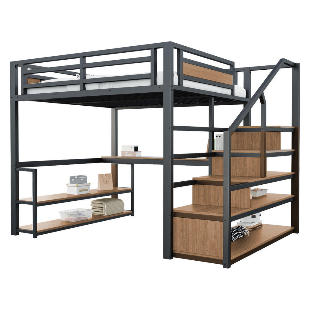 OKWISH VYSOKÁ postel 140/200 cm černá s úložnými schody a stolem z kovu a MDF