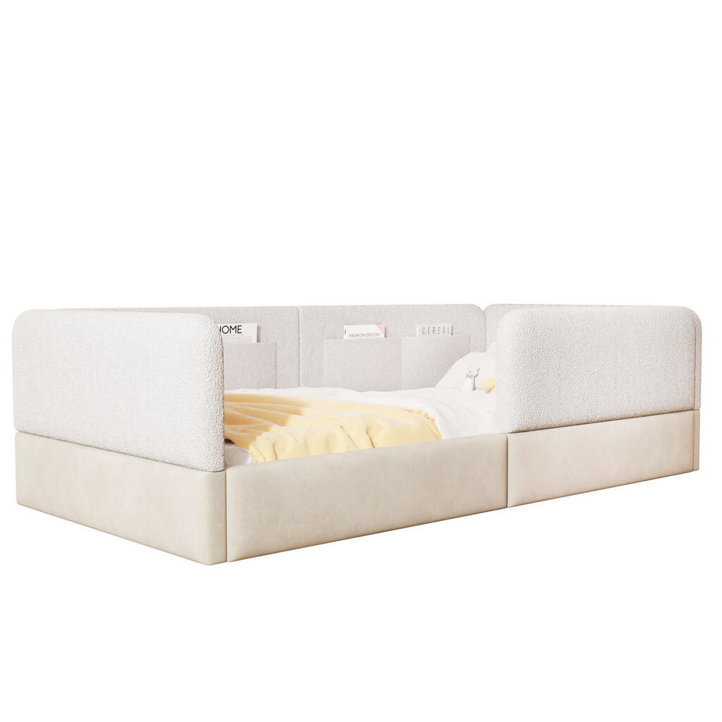 OKWISH ČALOUNĚNÁ postel 90x200 cm bílá z MDF, PU a sametu se zábradlím a úložnými kapsami