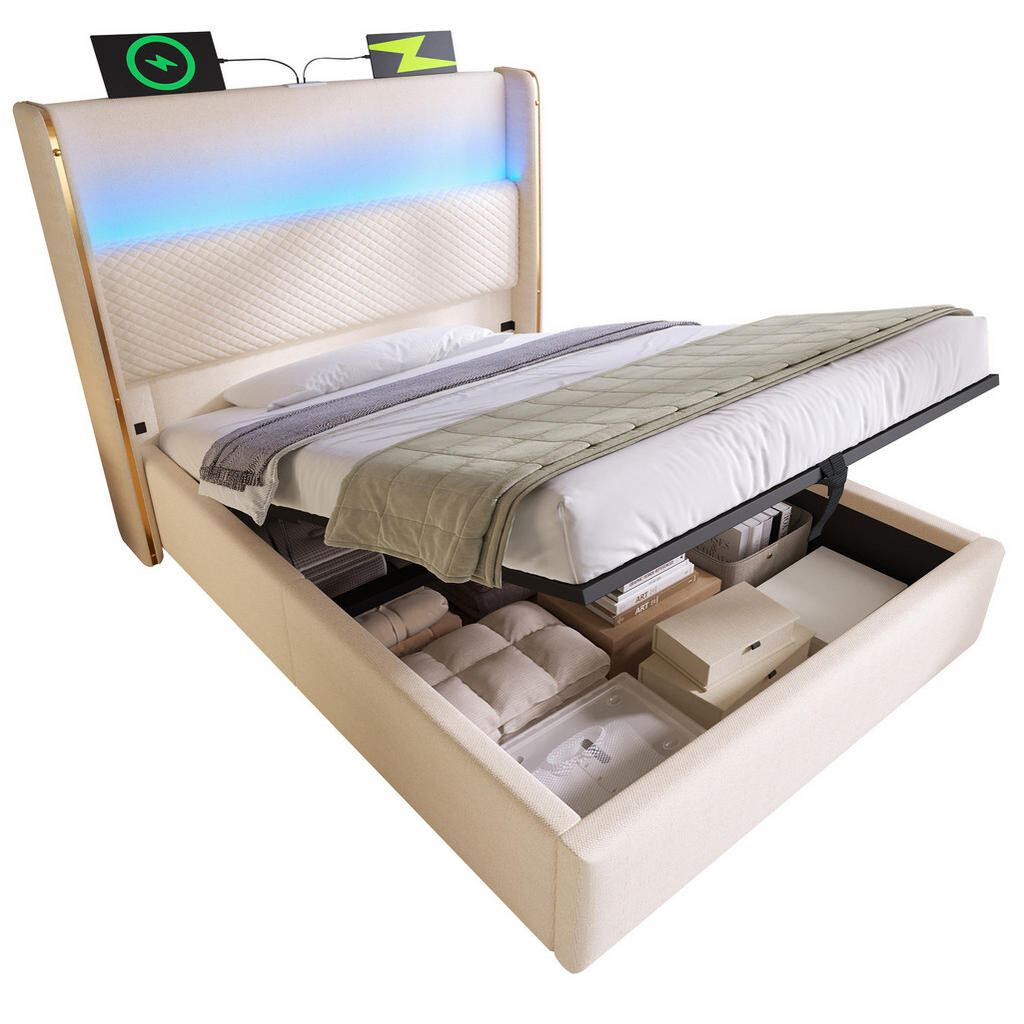 Redom ČALOUNĚNÁ postel 90/200 cm s LED osvětlením, USB a USB-C nabíjením, hydraulickým úložným prostorem a matrací, Béžová