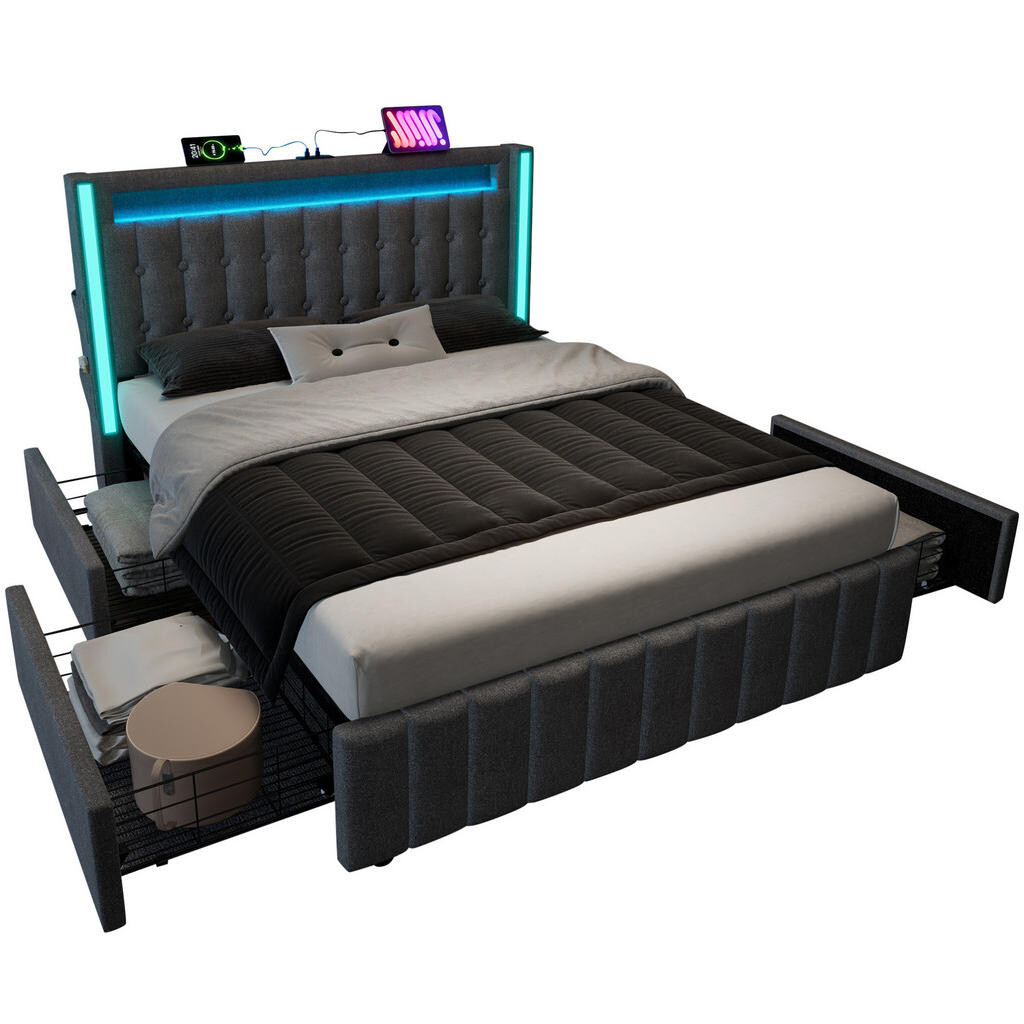 Redom ČALOUNĚNÁ postel 140x200 cm z lněného materiálu s LED osvětlením, USB a USB-C nabíjením a 4 zásuvkami, Šedá