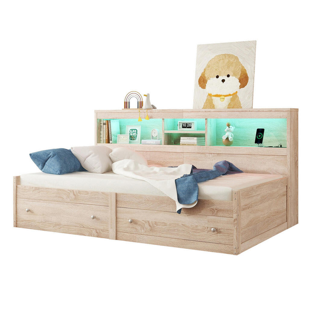 Redom POSTEL 90/200 cm z dřevotřísky a MDF s LED osvětlením, USB porty a úložnými zásuvkami, Přírodní