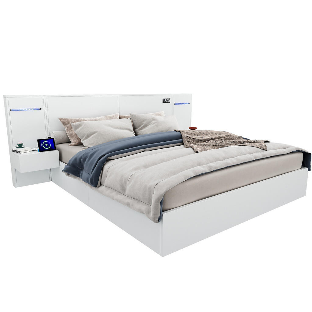 Redom ČALOUNĚNÁ postel 160/200 cm s USB porty, hodinami, Bluetooth reproduktory a LED osvětlením, bílá