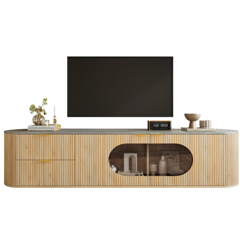 Redom TV stolek 172/38/45,5 cm s vertikální 3D strukturou, oválnou vitrínou a vícezónovým úložným prostorem, Natural