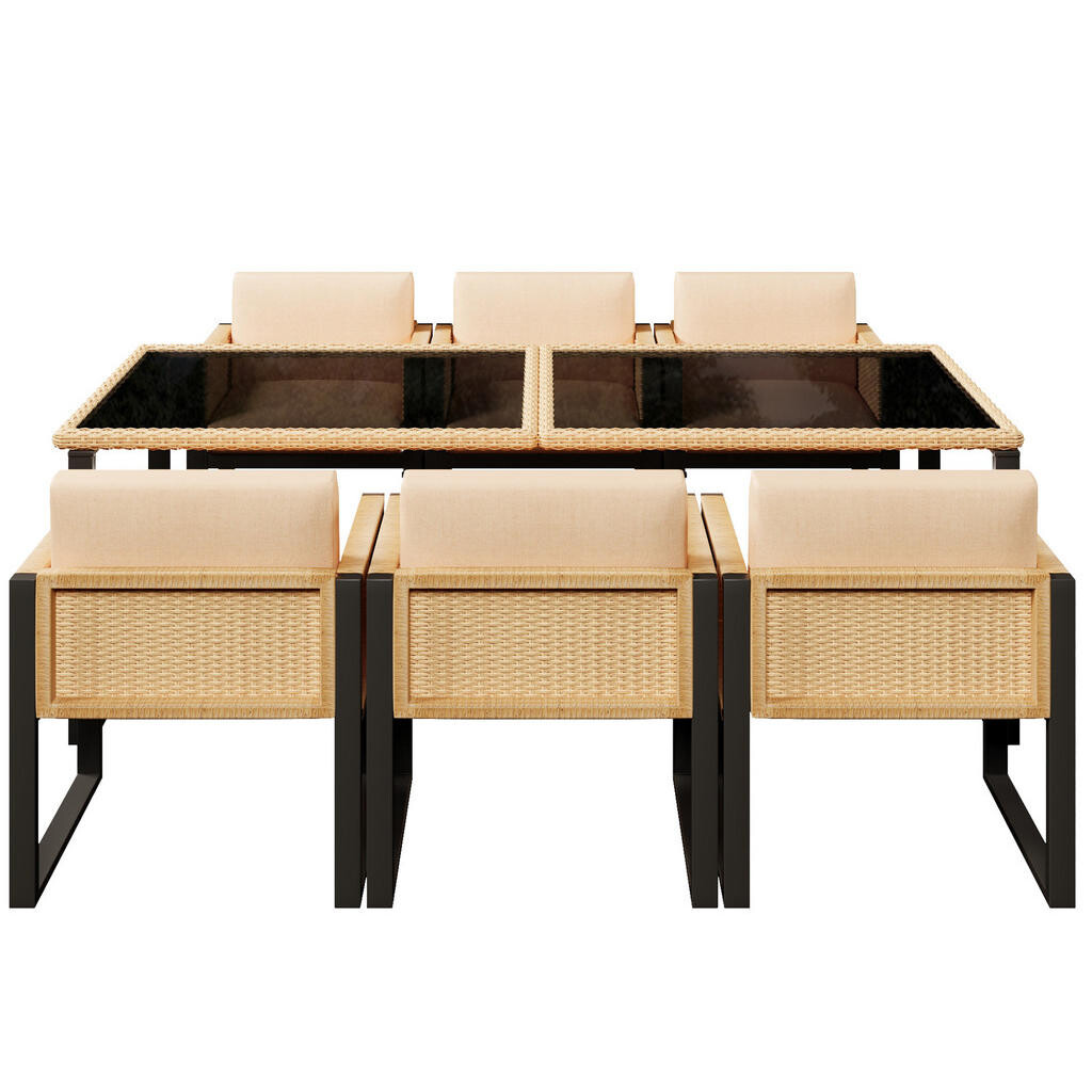 Redom ZAHRADNÍ jídelní set 170/80/75 cm se 6 židlemi, PE ratan, tvrzené sklo a snímatelné potahy, Černá, Hnědá