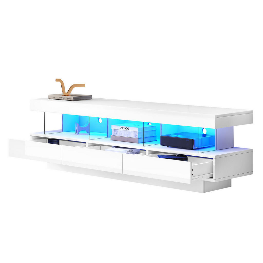 OKWISH TV stolek 160/38/50,5 cm bílý z dřevotřísky s LED osvětlením a skleněnými přihrádkami