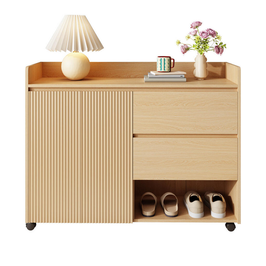OKWISH BOTNÍK 110/35/86 cm přírodní z MDF s nastavitelnými přihrádkami a kolečky s brzdou