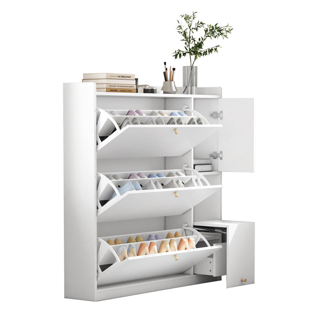 OKWISH BOTNÍK 119/24/122 cm bílý z dřevotřísky s výklopnými zásuvkami a sedací lavicí