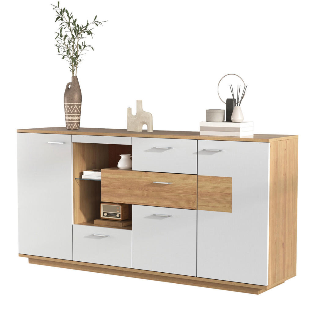 OKWISH BOČNÍ skříň 160/40/77 cm bílá a dřevodekor z MDF s LED osvětlením a 4 zásuvkami