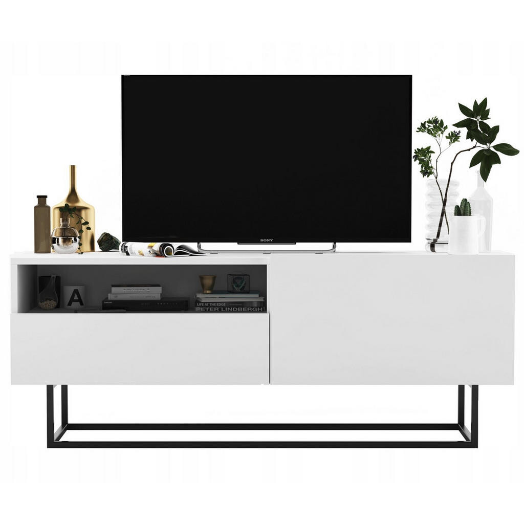 Meble Lindner TV stolek Enjoy Bílá mat 120 cm se zásuvkou a kovovým rámem