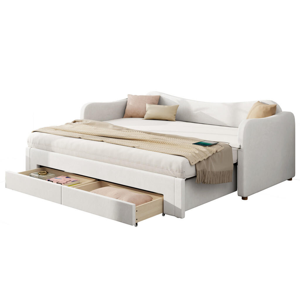 FLIEKS DAYBED 90x200 Béžová Samet Výsuvná USB Zásuvky