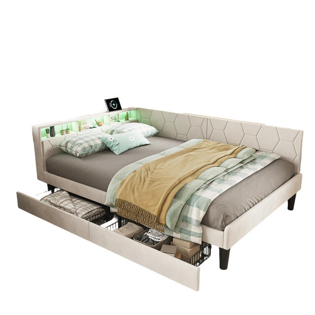 SHOPENTRA ČALOUNĚNÁ postel 140x200cm béžový samet, zásuvky, bed box, LED, USB-C