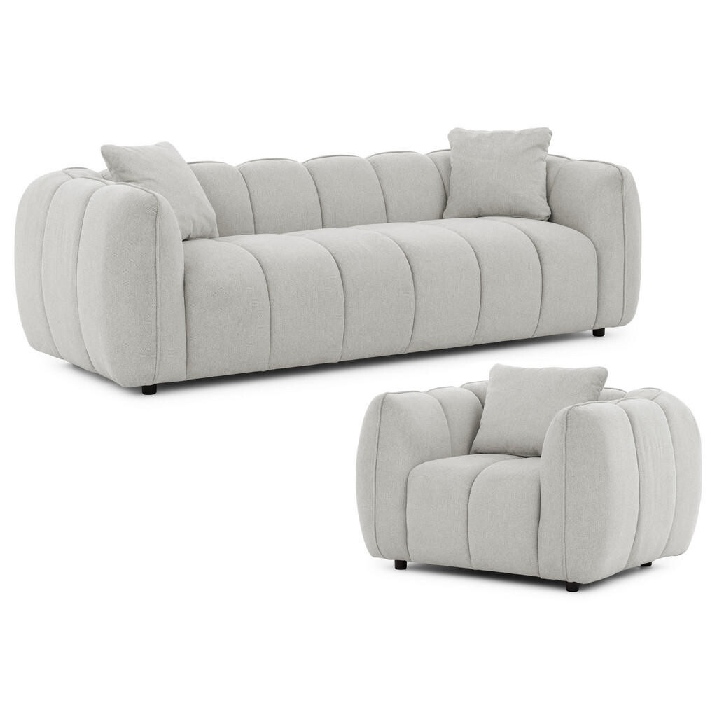 S-Style SEDACÍ SOUPRAVA 3+1 Nubira v hluboce prošívaném designu Bubble z měkké strukturované látky ve světle šedé barvě s moderním vzhledem