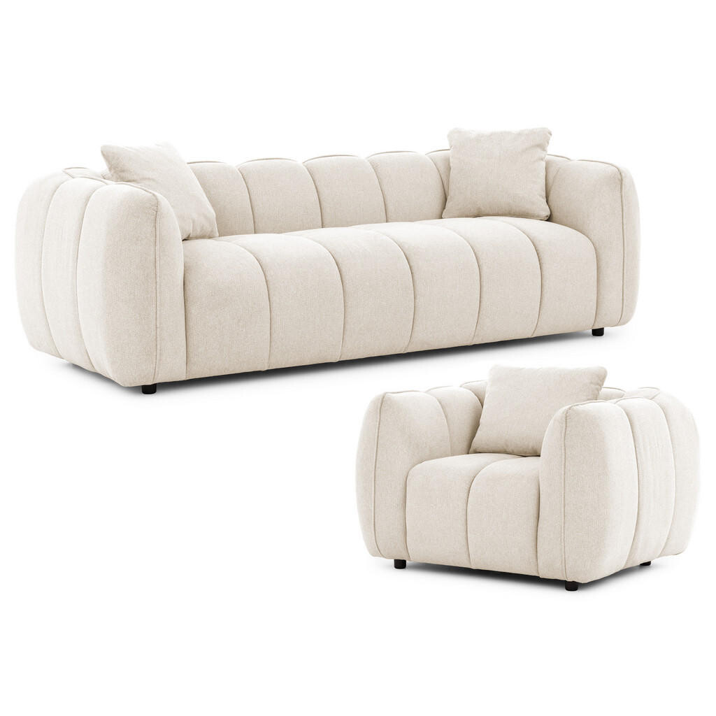 S-Style SEDACÍ SOUPRAVA 3+1 Nubira v hluboce prošívaném designu Bubble z měkké strukturované látky ve světle béžové barvě s moderním vzhledem