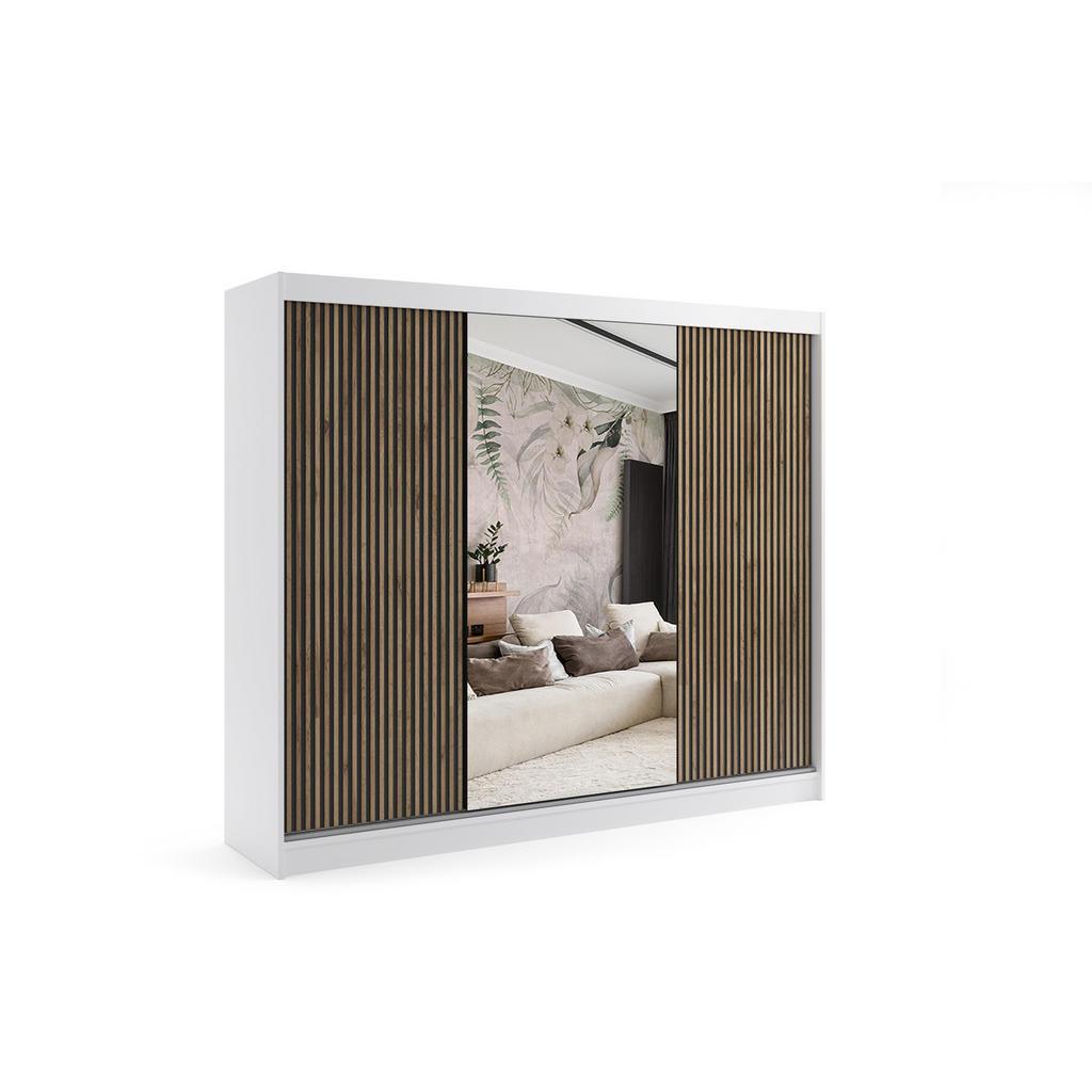 ALTDECOR ŠATNÍ SKŘÍŇ VILAN s zrcadlem – 250 cm – bílá | dub wotan