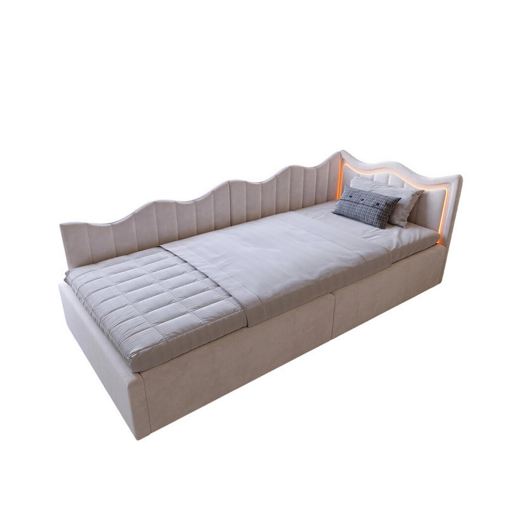 SHOPENTRA DĚTSKÁ postel 90x200cm béžový samet úložný prostor LED osvětlení