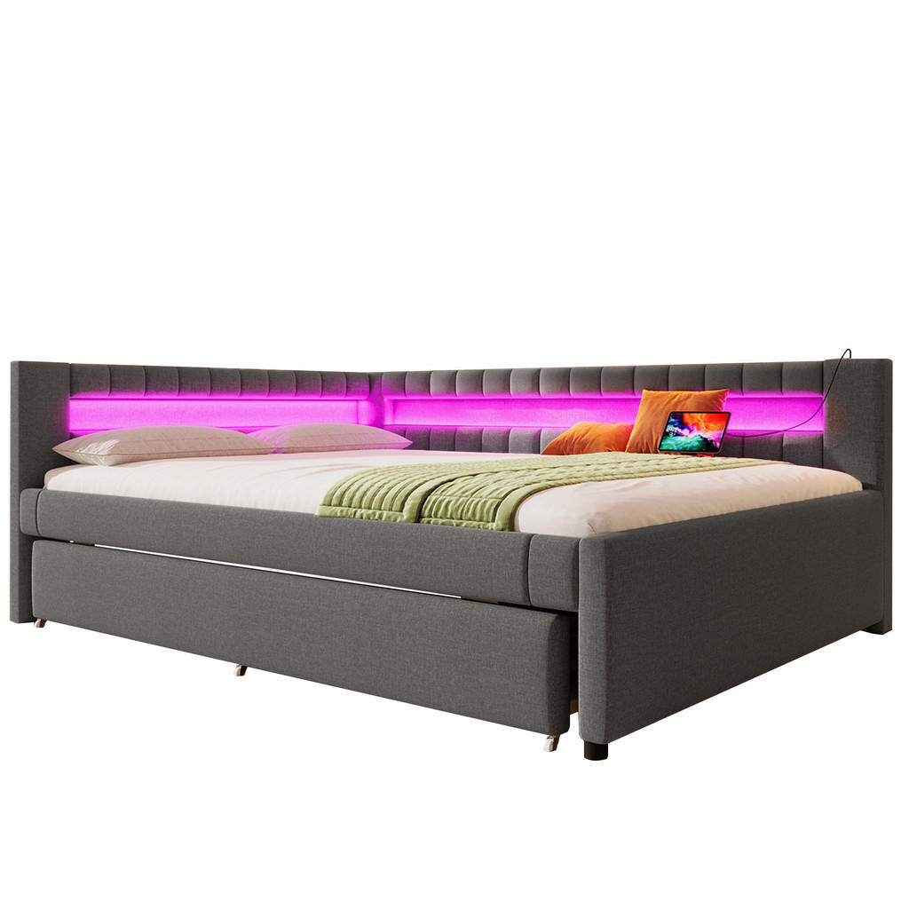 WISHDOR ROZKLÁDACÍ POHOVKA 140/200 cm & 90/190 cm v šedé lněné látce s LED osvětlením, USB a Type-C
