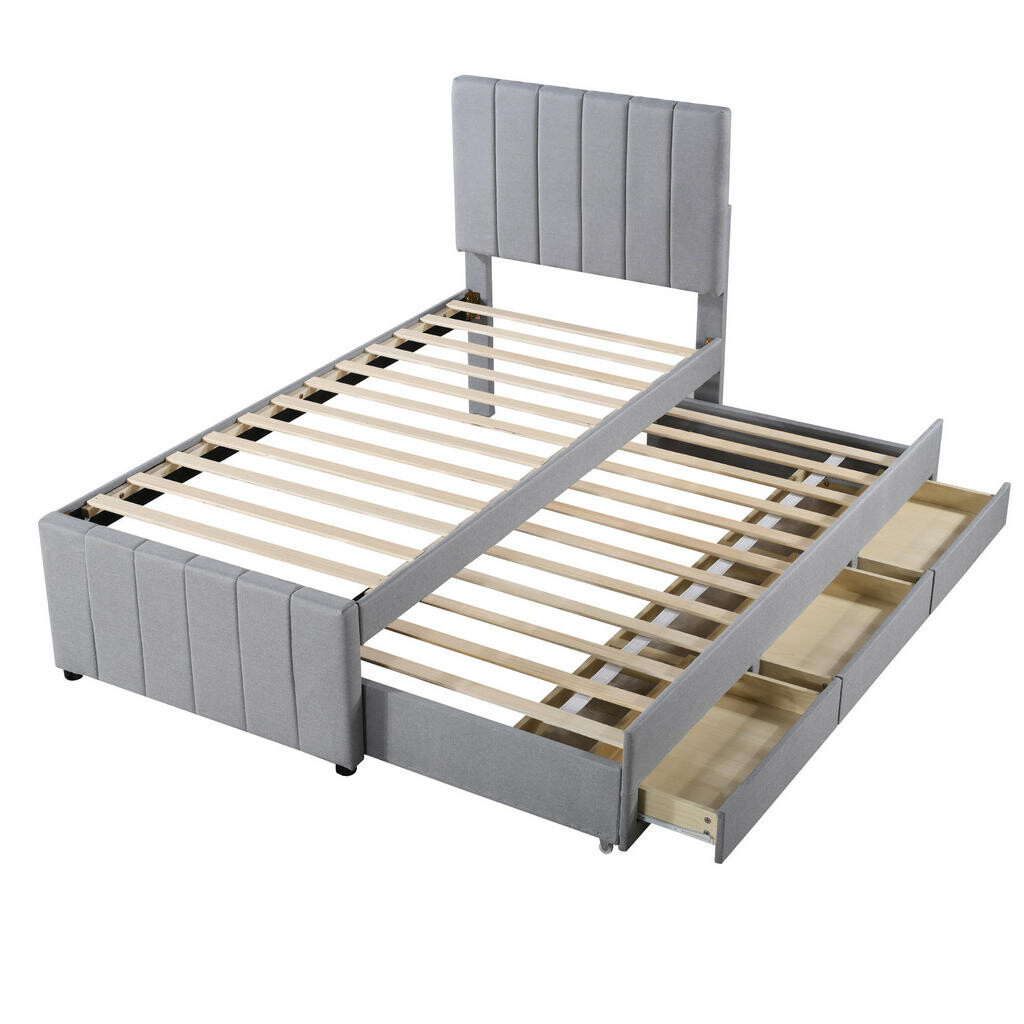 OKWISH ČALOUNĚNÁ postel 90/200 cm šedá z MDF a lnu s výsuvným lůžkem a 3 zásuvkami