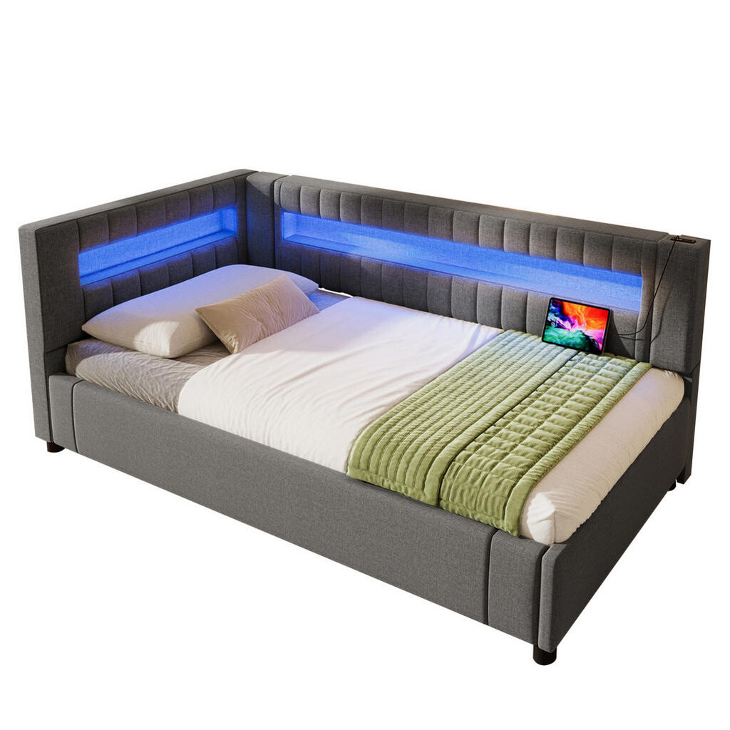 Redom ČALOUNĚNÁ postel 90/200 cm s LED osvětlením, USB a TYPE-C, hydraulickým úložným prostorem, Šedá