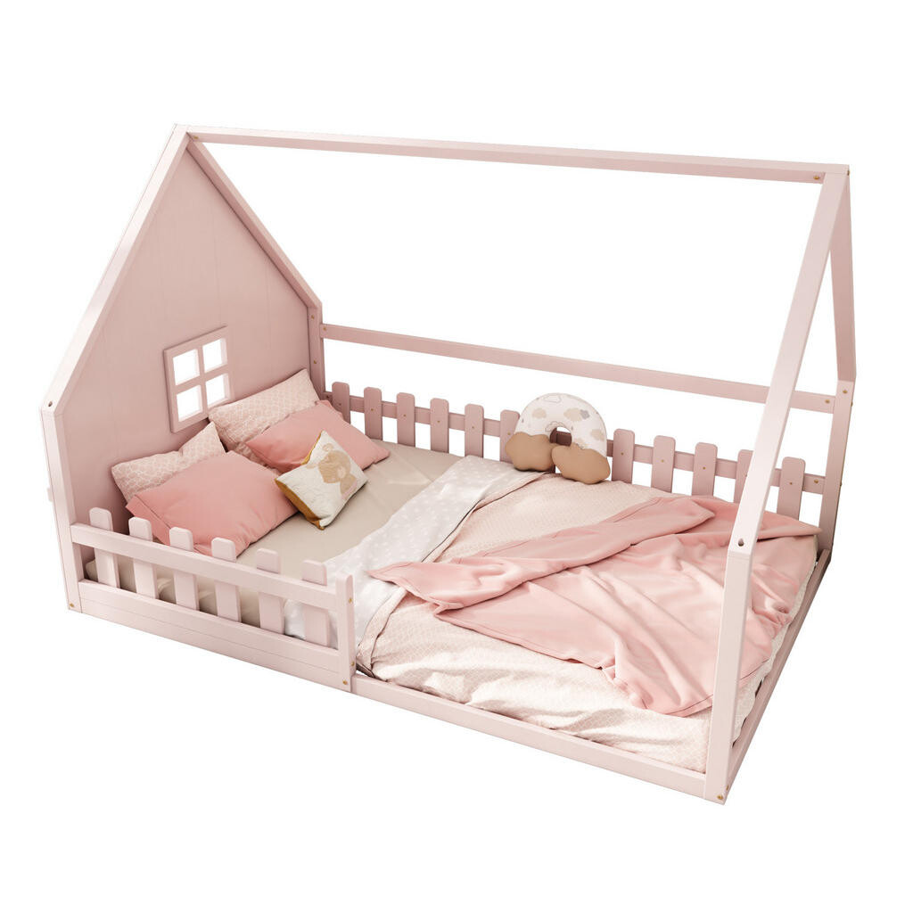 OKWISH DĚTSKÁ postel 140/200 cm růžová z borovice a MDF s ohrádkou a domečkovým rámem