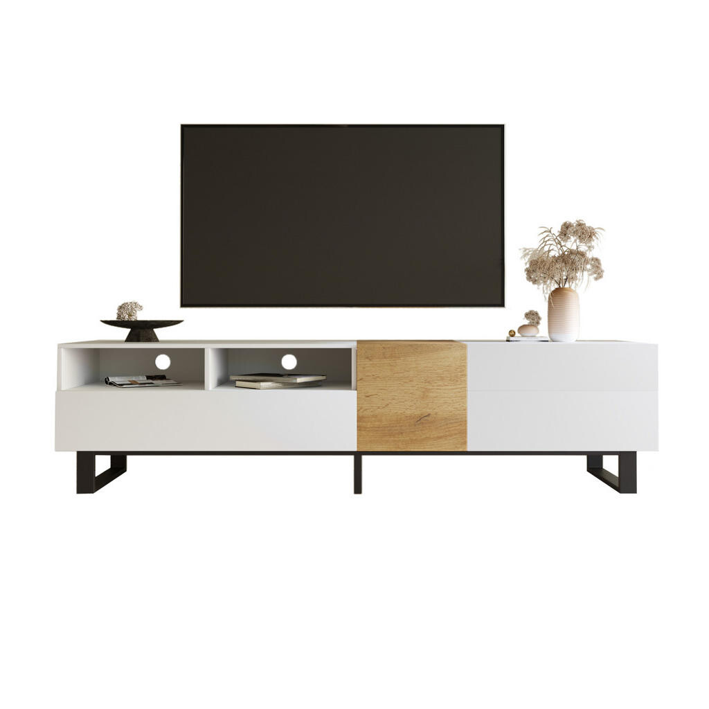 Redom TV stolek 180/38/50 cm s úložným prostorem, otevřenými přihrádkami, zásuvkami a tichým dovíráním, Bílá/dřevo
