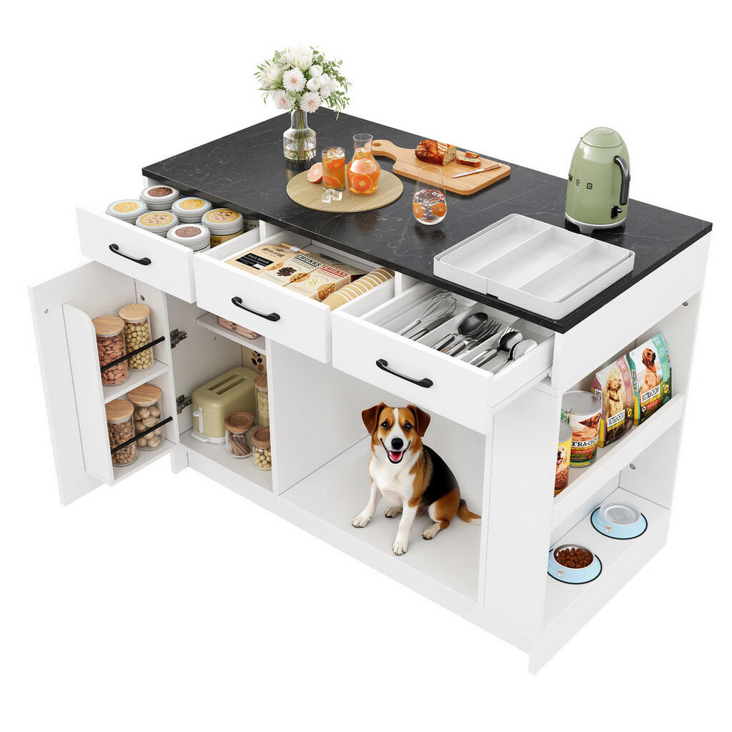 OKWISH KUCHYŇSKÝ ostrůvek 120/60/90 cm bílý z MDF se třemi zásuvkami a policí pro domácí mazlíčky