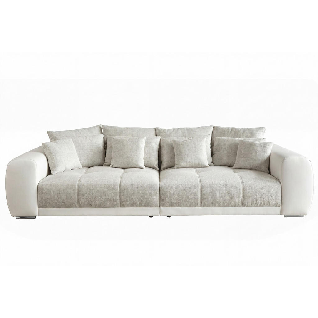 luma-home BIG-SOFA s pružinovým jádrem, Š306/H134/V86 cm, korpus z umělé kůže v bílé barvě + potah z tkaniny se strukturou v šedobéžové barvě / 15113