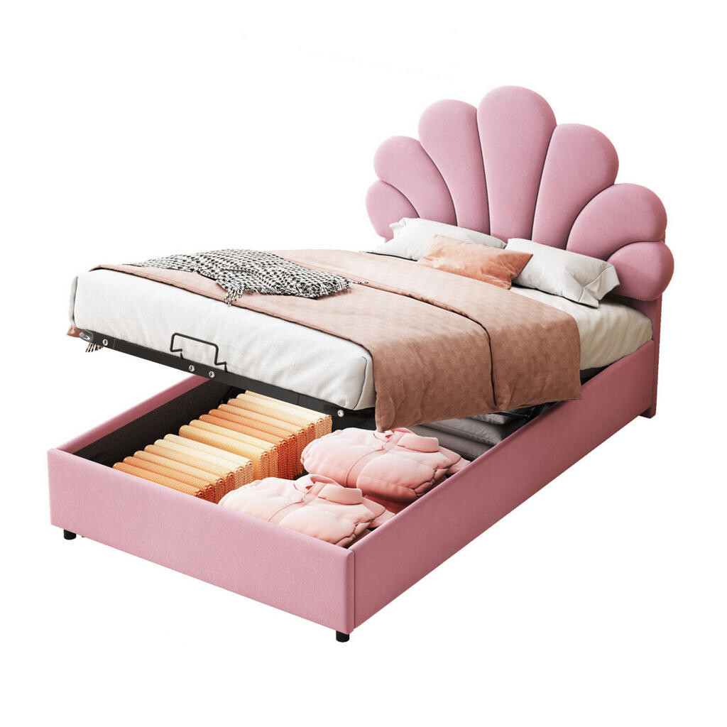 OKWISH ČALOUNĚNÁ postel 90/200 cm růžová z sametu s květinovým čelem a úložným prostorem