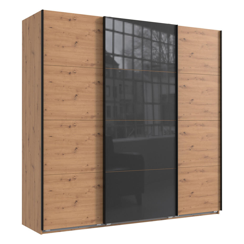 luma-home SKŘÍŇ S POSUVNÝMI DVEŘMI, 3dveřová, 225 × 236 × 64 cm (Š×V×H), extra vysoká, v dekoru dub Artisan, s jedněmi prosklenými dveřmi v šedé barvě