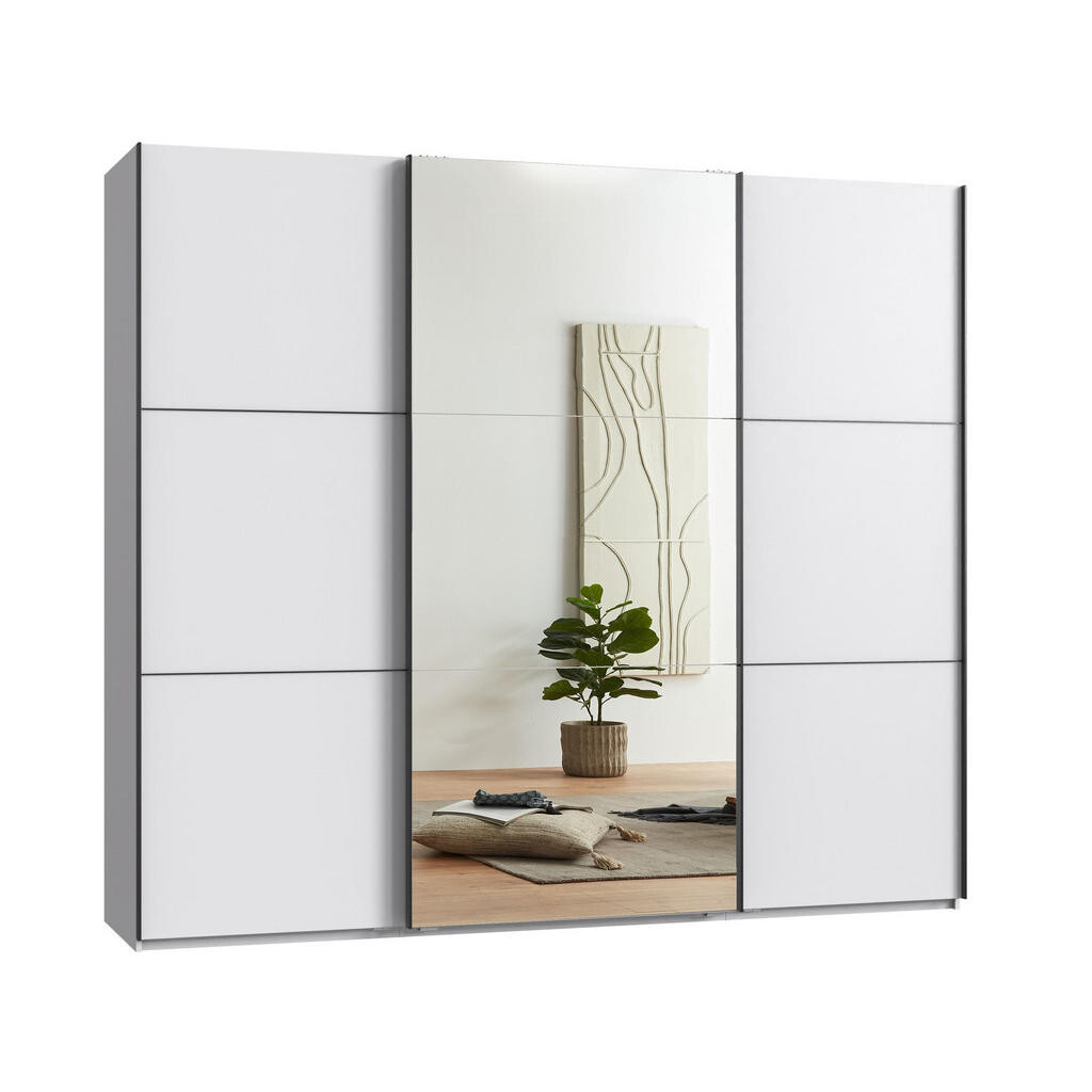 luma-home SKŘÍŇ S POSUVNÝMI DVEŘMI, 3dveřová, šířka 250 cm, výška 216 cm, hloubka 65 cm, bílá, s jedním zrcadlovým křídlem, včetně kompletního vybaven