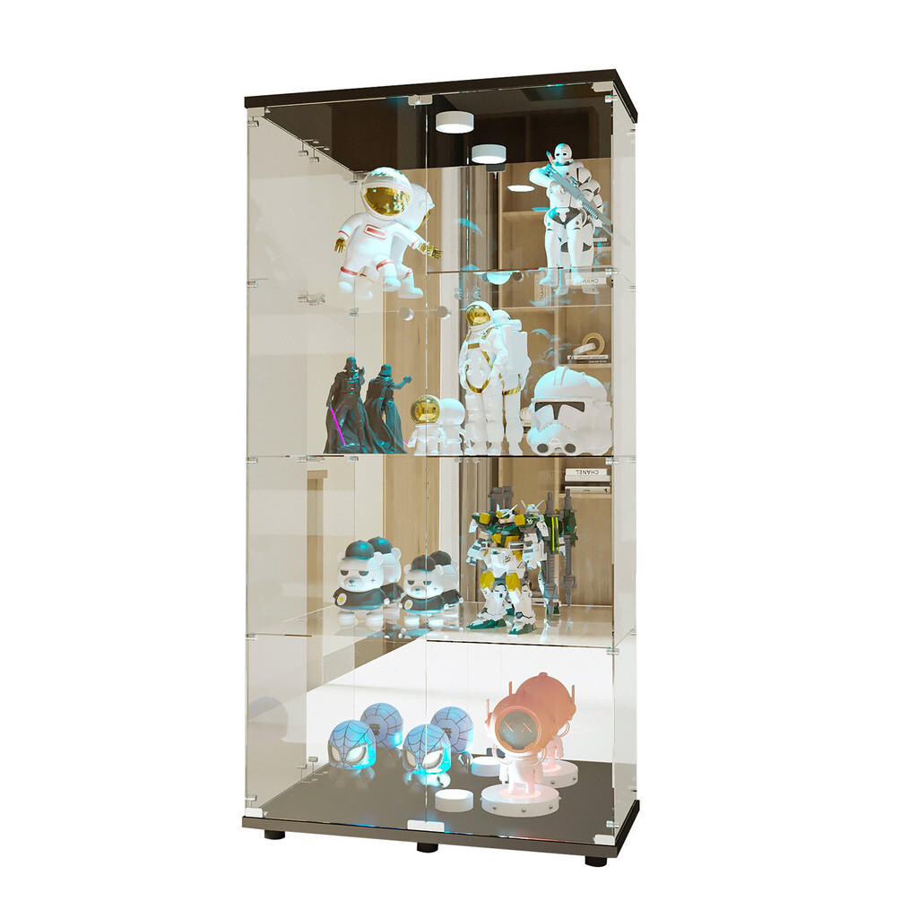 SHOPENTRA SKLENĚNÁ vitrína s dvoukřídlými dvířky, 80,5 x 36,5 x 163,9 cm, černá, s LED osvětlením, zrcadlovým zadním panelem a 4 skleněnými policemi