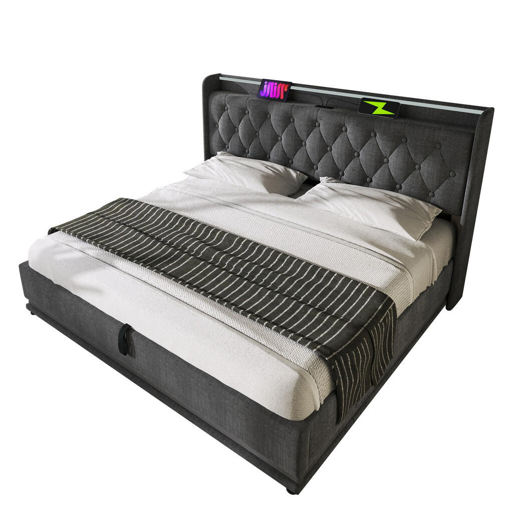 WISHDOR ČALOUNĚNÁ POSTEL 140 × 190 cm v šedém lnu s úložným prostorem, LED osvětlením a USB/USB-C